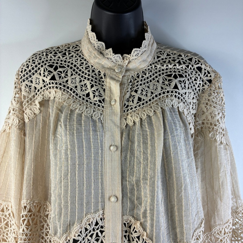 NWT Jollya Paris Beige Crochet Lace Boho Blouse Balloon Sleeve Button Front L/XL - Picture 13 of 16